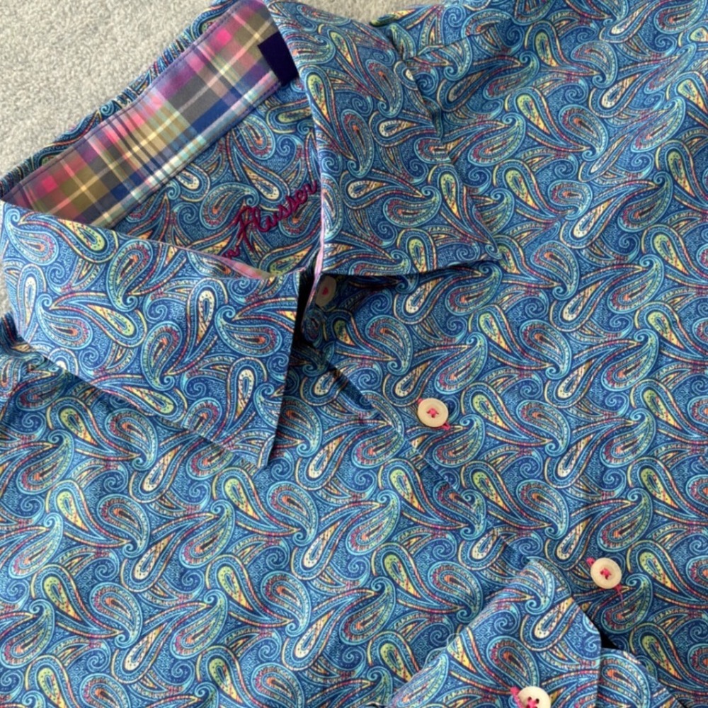 Alan Flusser Mens Blue Paisley Button Down Shirt Cotton Long Sleeve Size Medium